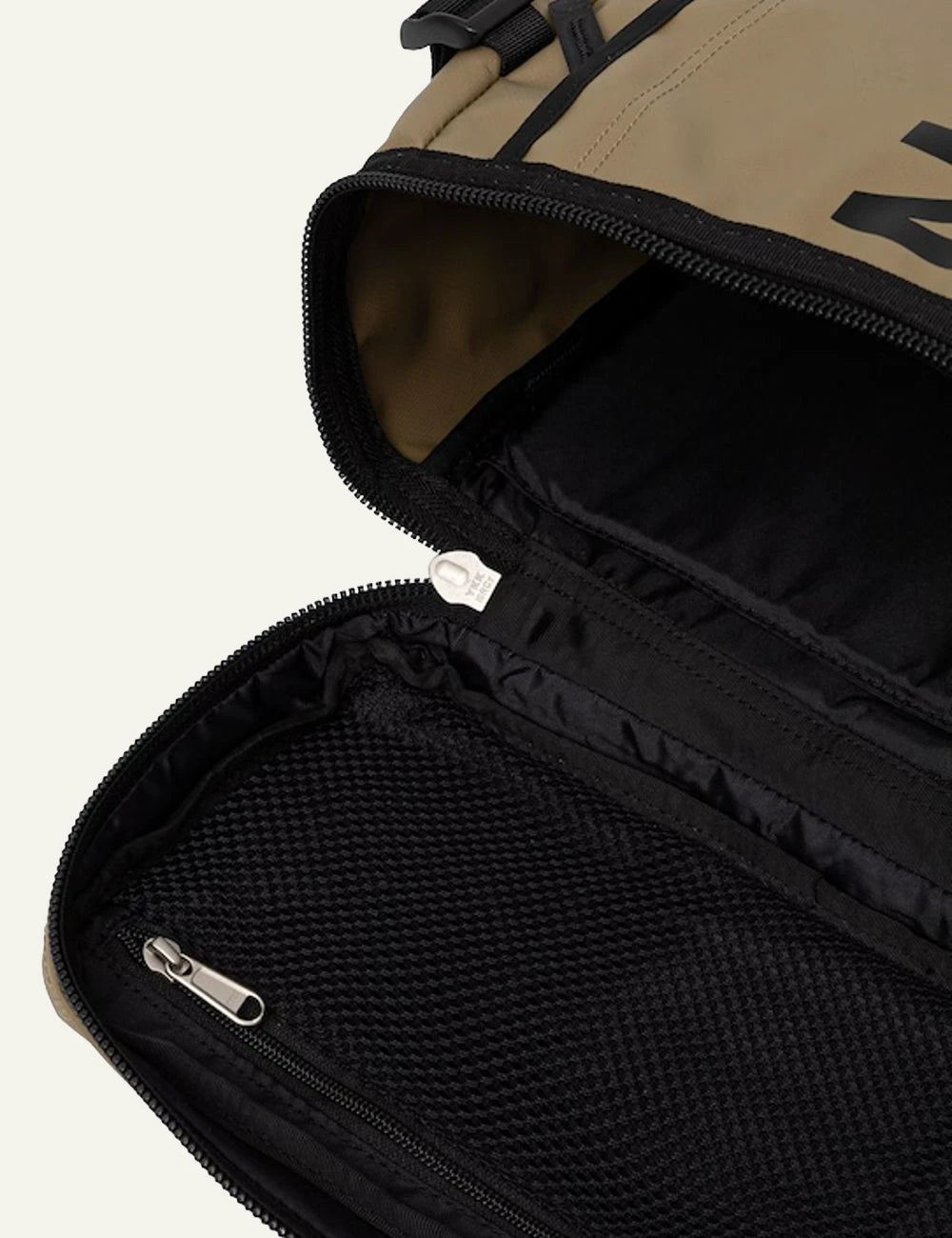 The North Face Base Camp Fuse Box backpack beige black logo front side detail