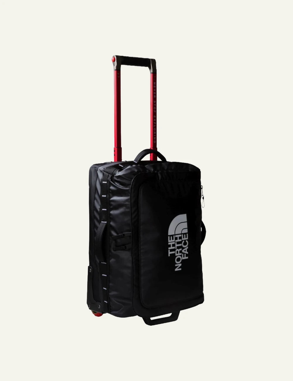 The North Face Base Camp Voyager roller suitcase black front side view logo handle front view