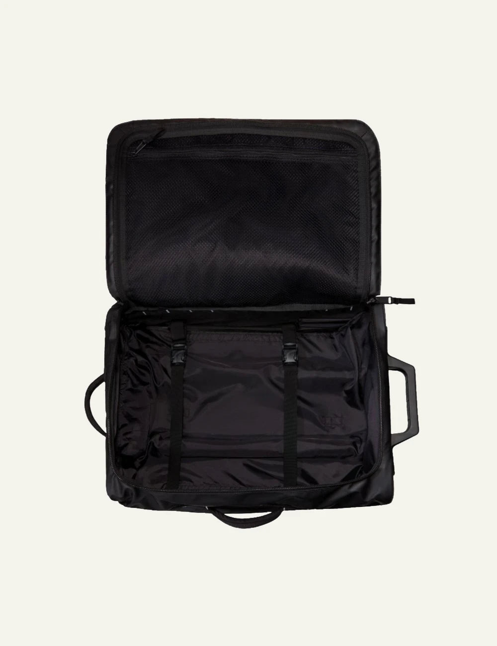 The North Face Base Camp Voyager roller suitcase black front side view logo handle top view