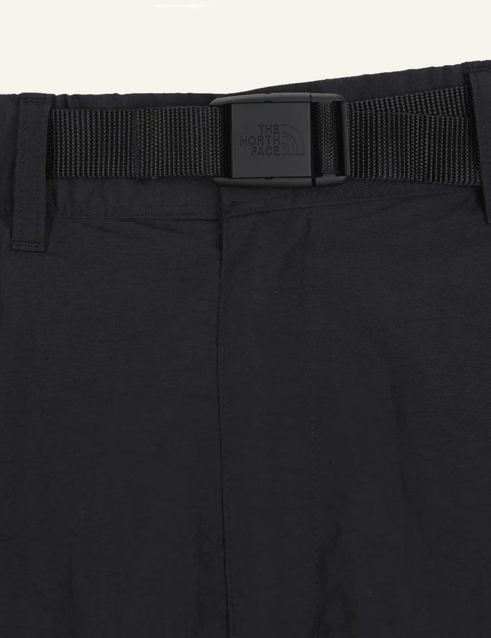 The North Face black nylon shorts belted relaxed fit lightweight outdoor front detail view