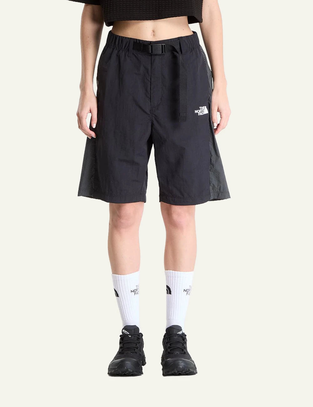 The North Face black nylon shorts belted relaxed fit lightweight outdoor front model view