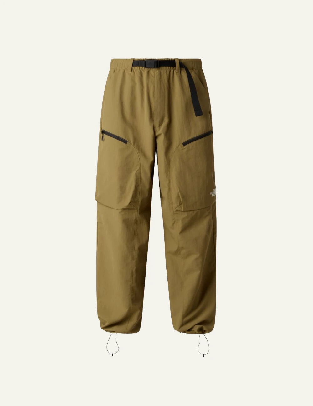 The North Face cargo nylon pants khaki relaxed fit zip pockets adjustable hem front flat view