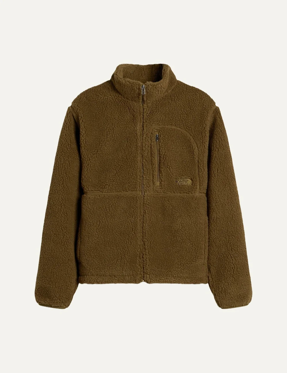 The North Face men's olive green Extreme Pile fleece jacket with textured sherpa fabric, high collar, front zipper and chest pocket.