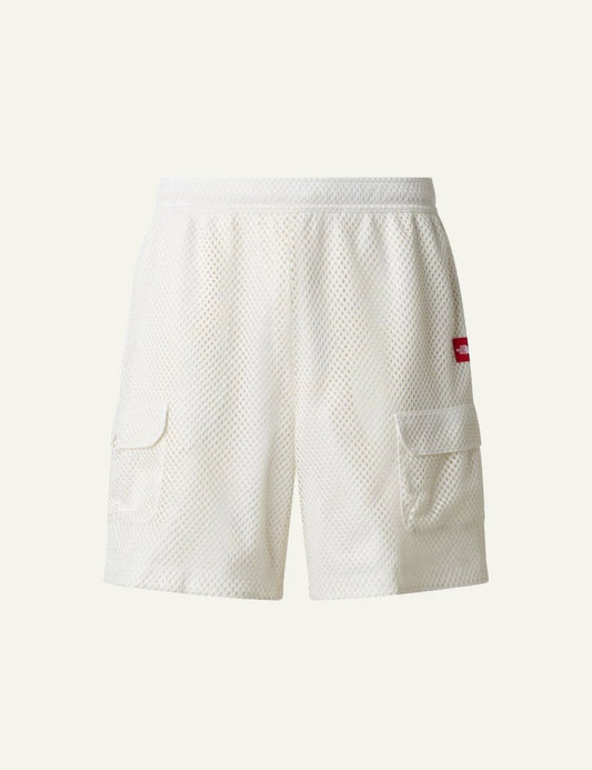 The North Face mesh shorts white elastic waist cargo pockets front flat view