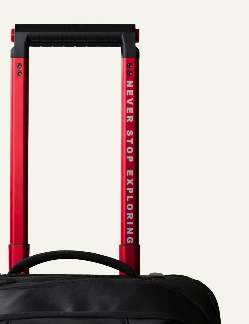 The North Face Rolling Thunder 22 suitcase black front view logo wheels handle detail zip view