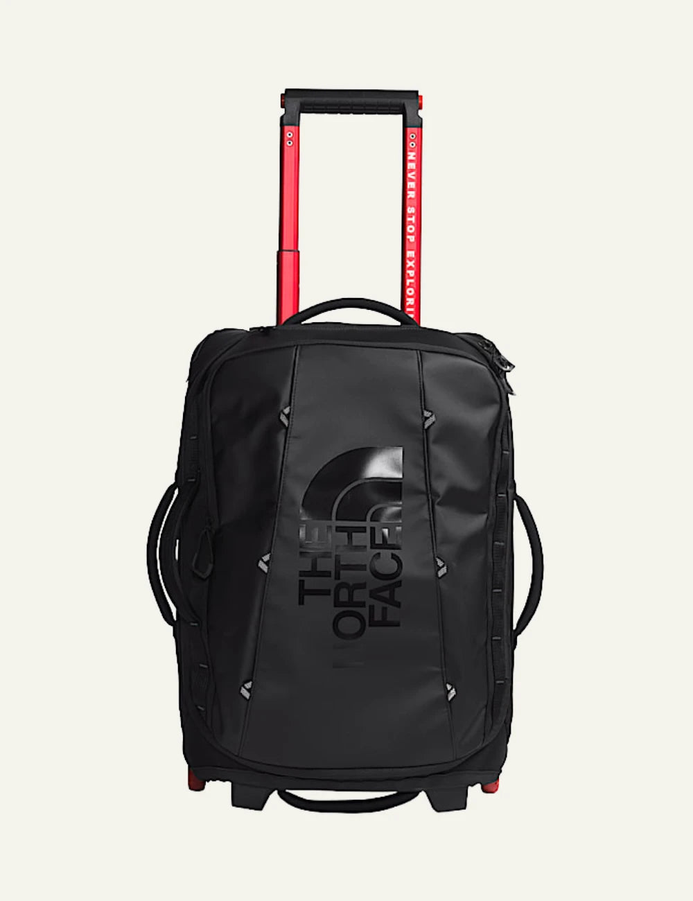 The North Face Rolling Thunder 22 suitcase black front view logo wheels handle front view