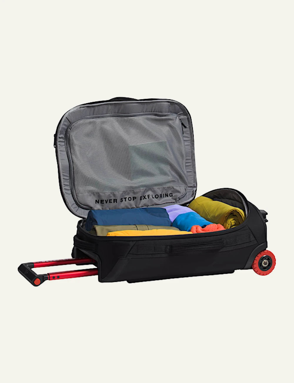 The North Face Rolling Thunder 22 suitcase black front view logo wheels handle front detail view