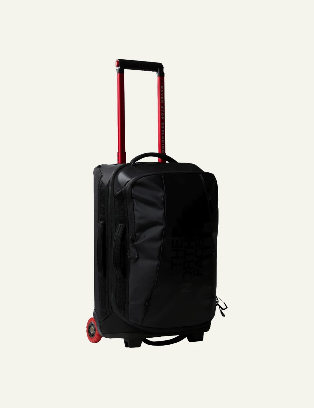 The North Face Rolling Thunder 22 suitcase black front view logo wheels handle side view