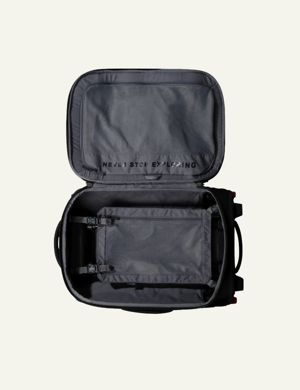 The North Face Rolling Thunder 22 suitcase black front view logo wheels handle top view