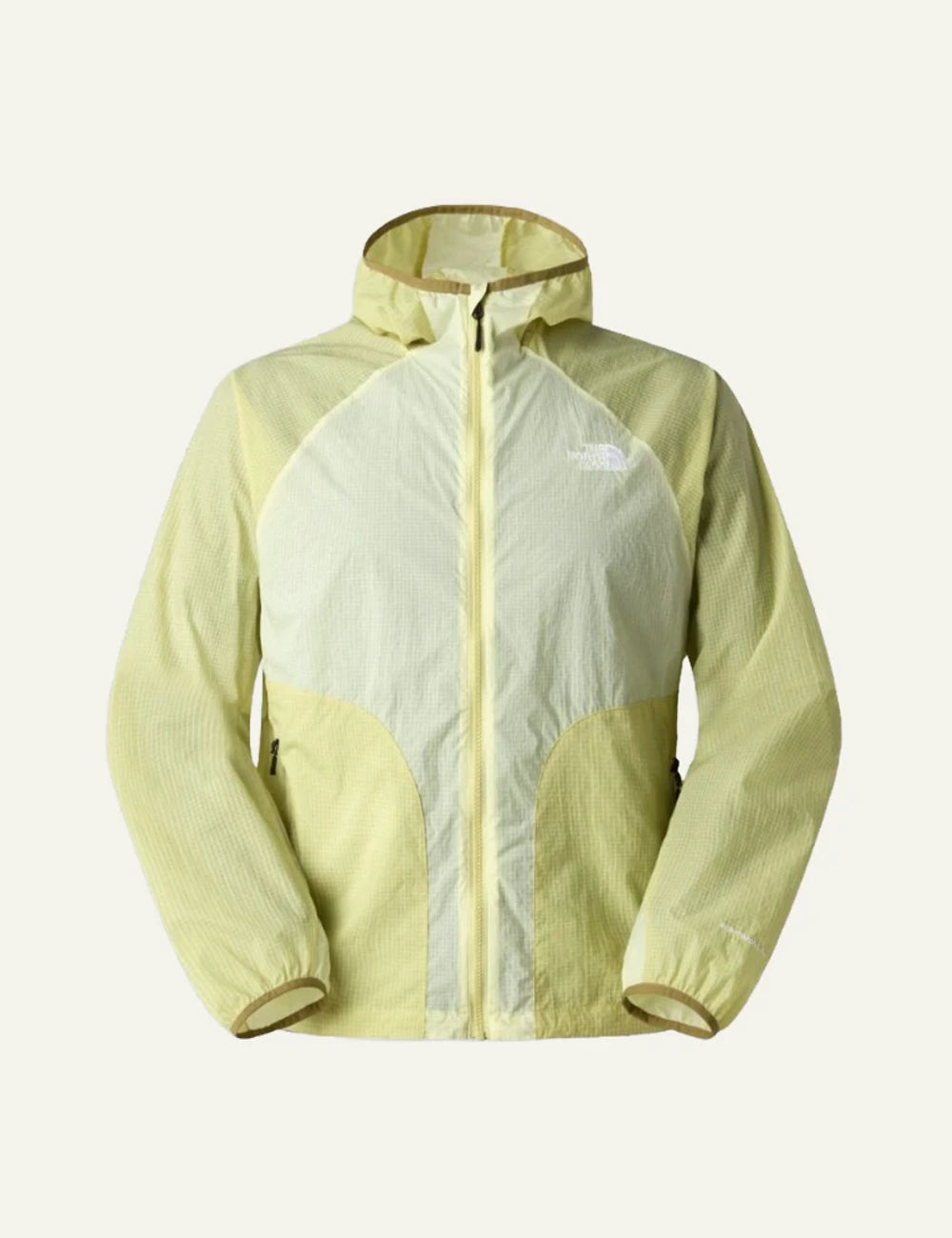The North Face WindWall jacket yellow lightweight breathable hooded zip front flat view