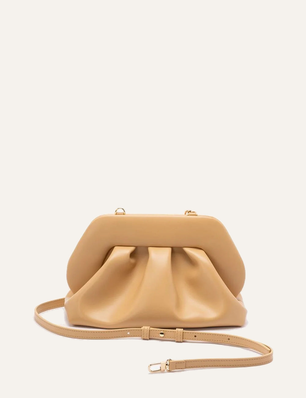 Themoirè clutch bag beige front view with shoulder strap
