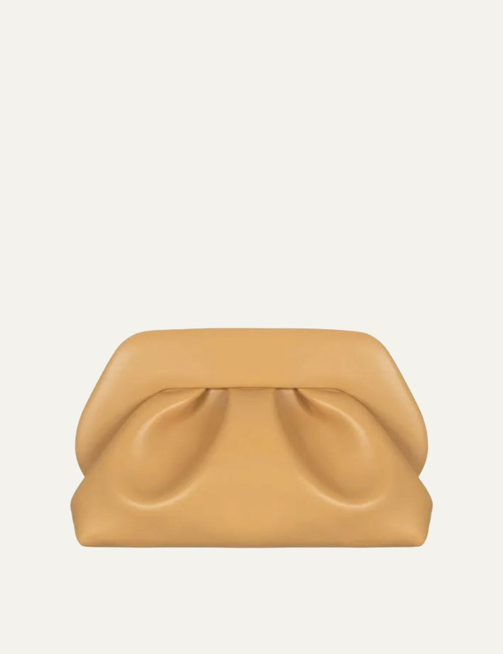 Themoirè clutch bag beige front view with shoulder strap