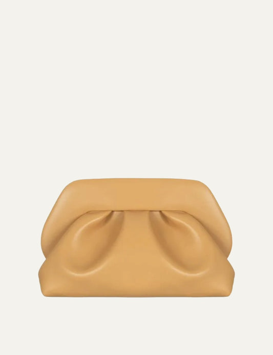 Themoirè clutch bag beige front view with shoulder strap