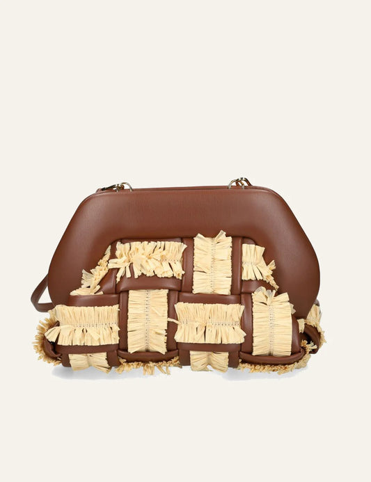 Themoirè clutch bag brown raffia weave front view