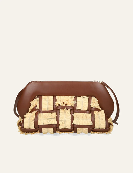 Themoirè clutch bag brown raffia woven front view
