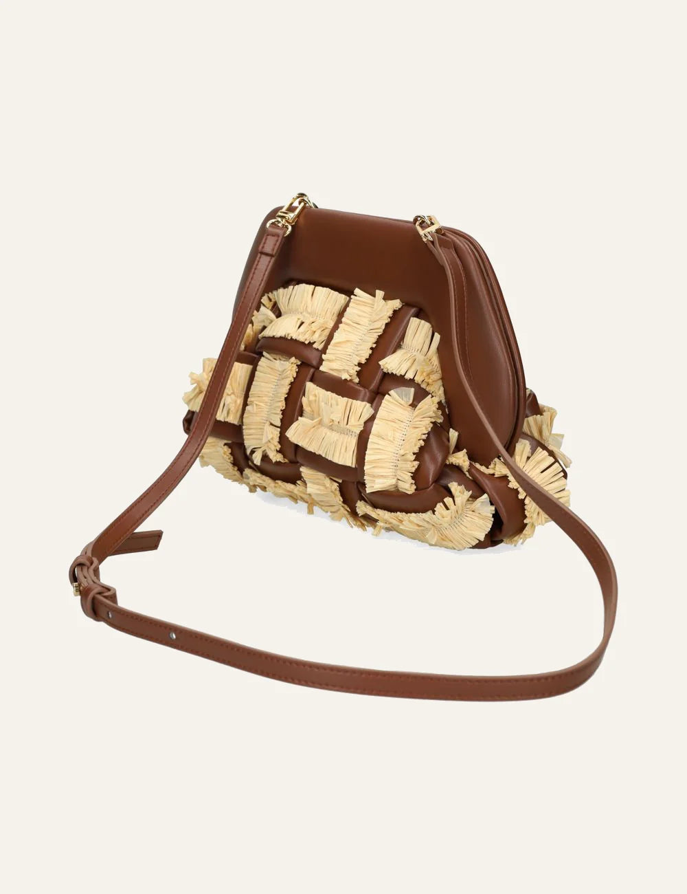 Themoirè clutch bag brown raffia weave profil view