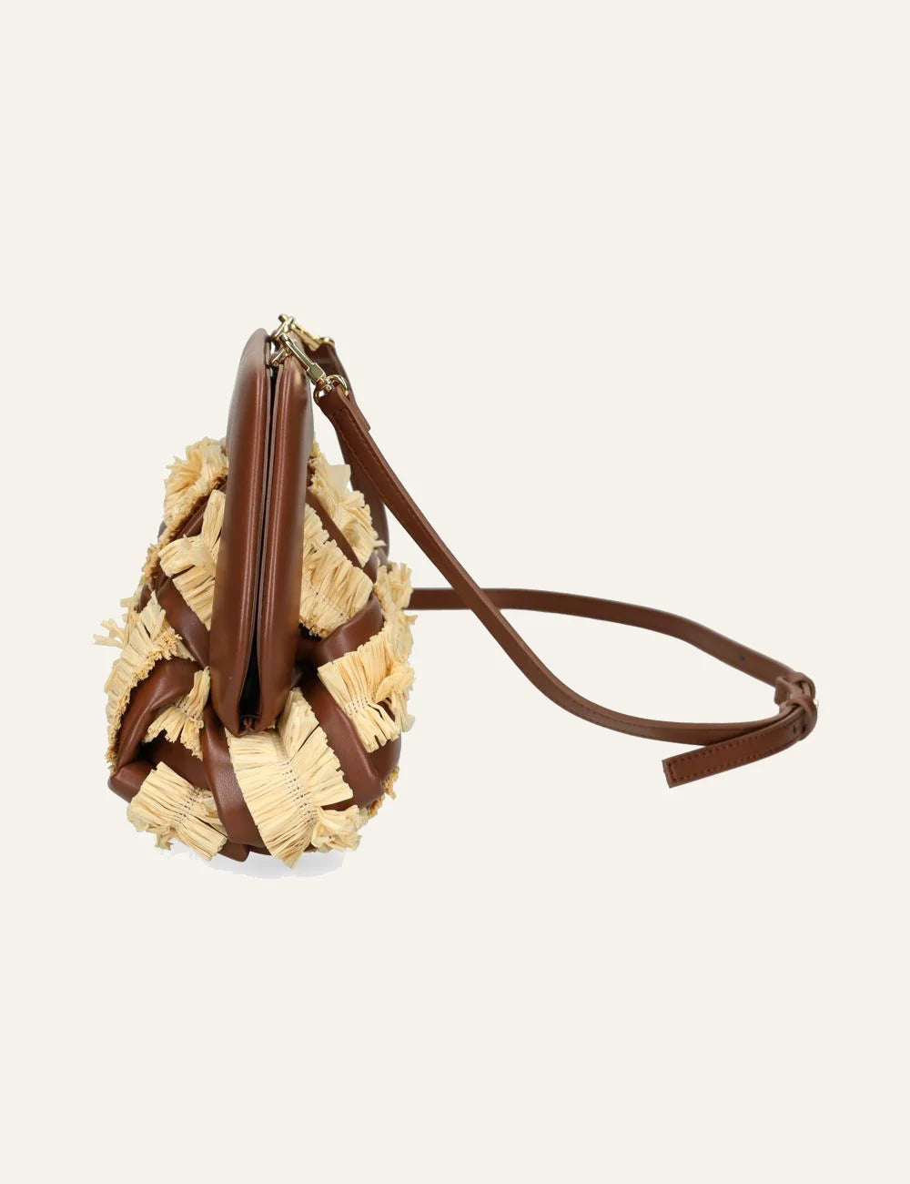 Themoirè clutch bag brown raffia weave side view