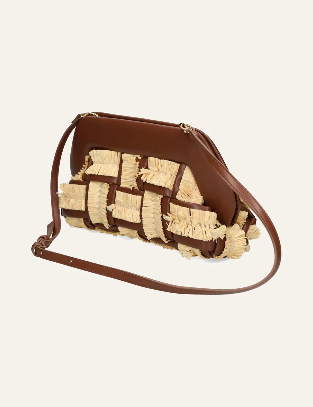 Themoirè clutch bag brown raffia woven side view