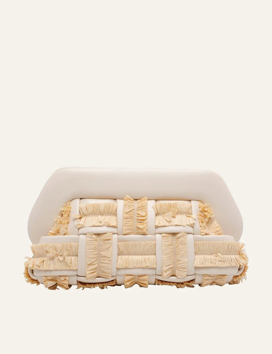 Themoirè clutch bag cream raffia woven front view