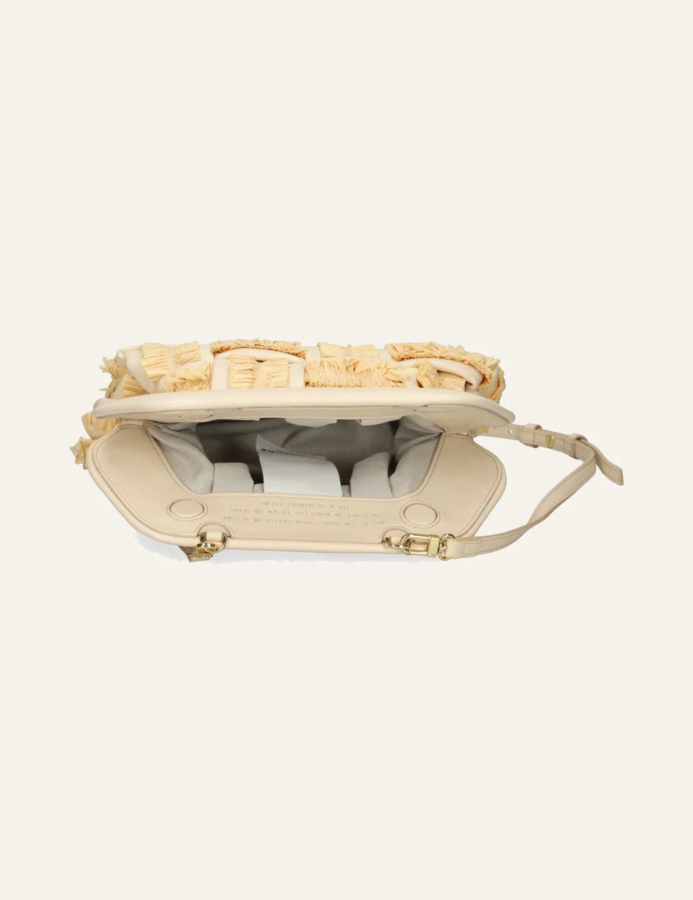 Themoirè clutch bag cream raffia weave top view