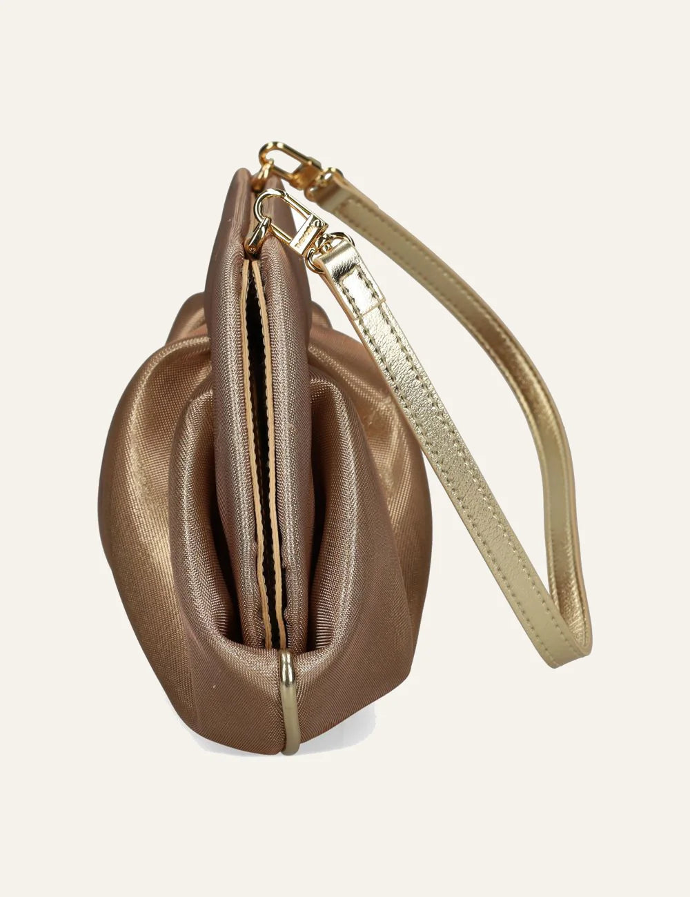 Themoirè clutch bag gold angled side view