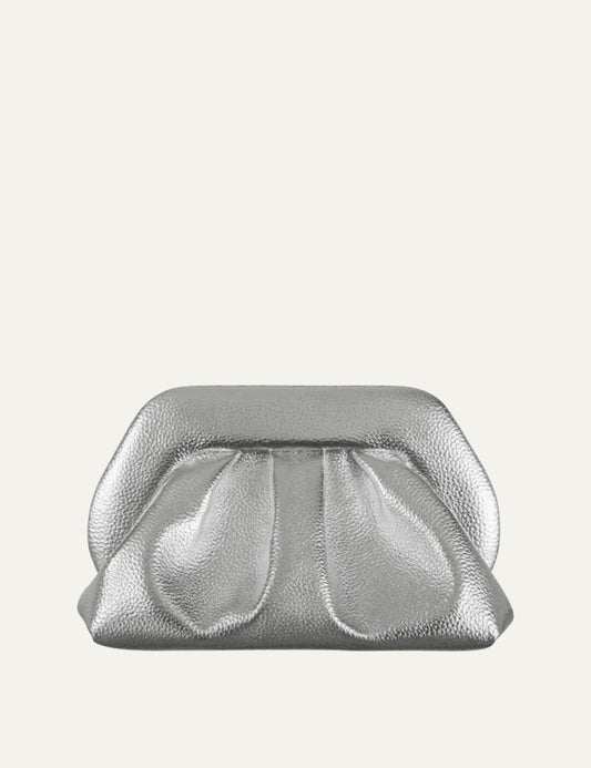 Themoirè clutch bag silver metallic front view