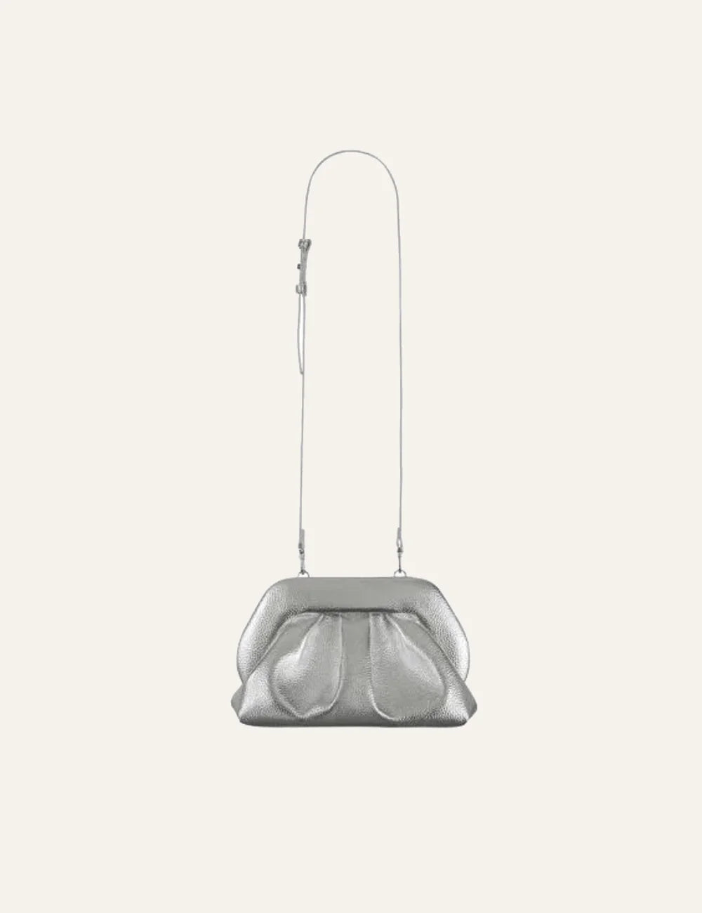 Themoirè clutch bag silver metallic front view strap