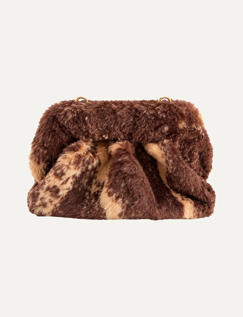 THEMOIRÈ women's Bios Medium Fur Potato handbag in brown and beige tones, featuring a fluffy texture, gathered silhouette and gold-tone hardware back