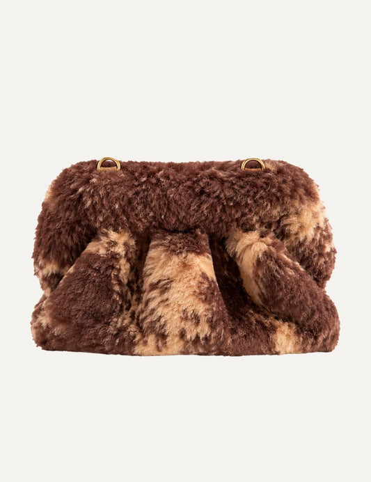 THEMOIRÈ women's Bios Medium Fur Potato handbag in brown and beige tones, featuring a fluffy texture, gathered silhouette and gold-tone hardware.