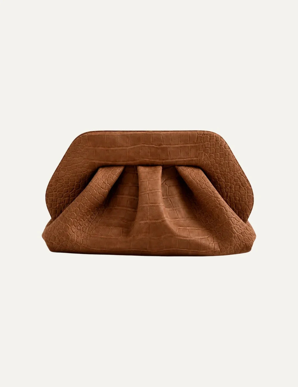 THEMOIRÈ women's Bios Medium shoulder bag in brown suede with croc-embossed texture, sculptural pleated silhouette and wide shoulder strap.