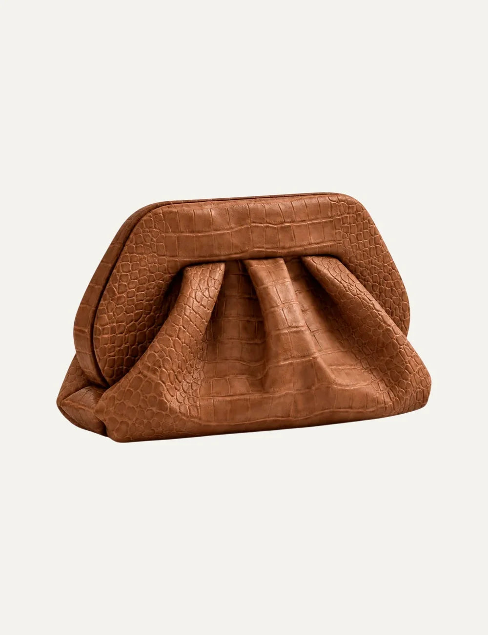 THEMOIRÈ women's Bios Medium shoulder bag in brown suede with croc-embossed texture, sculptural pleated silhouette and wide shoulder strap side