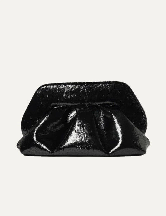 THEMOIRÈ women's black Lurex handbag with glossy finish, ruched silhouette, magnetic closure and detachable adjustable strap.
