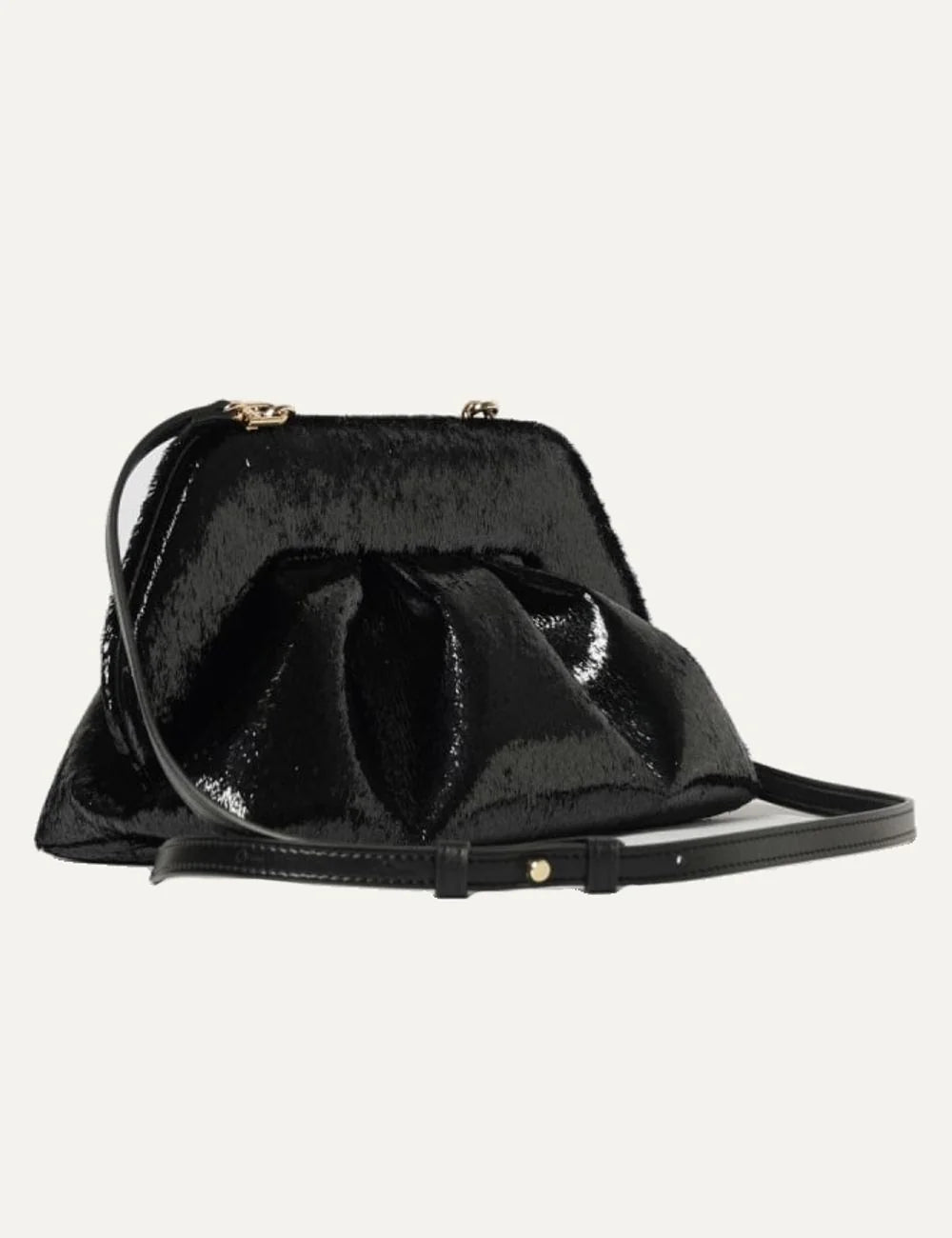 THEMOIRÈ women's black Lurex handbag with glossy finish, ruched silhouette, magnetic closure and detachable adjustable strap side