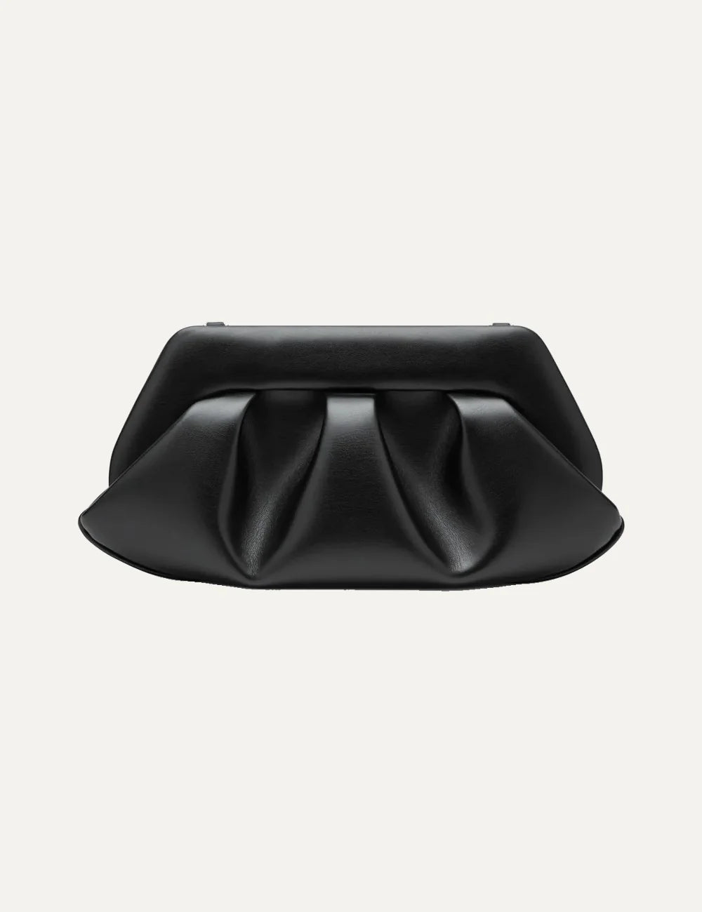 THEMOIRÈ women's black polyurethane shoulder bag with sculptural pleated front, structured silhouette, long shoulder strap and gold-tone hardware.