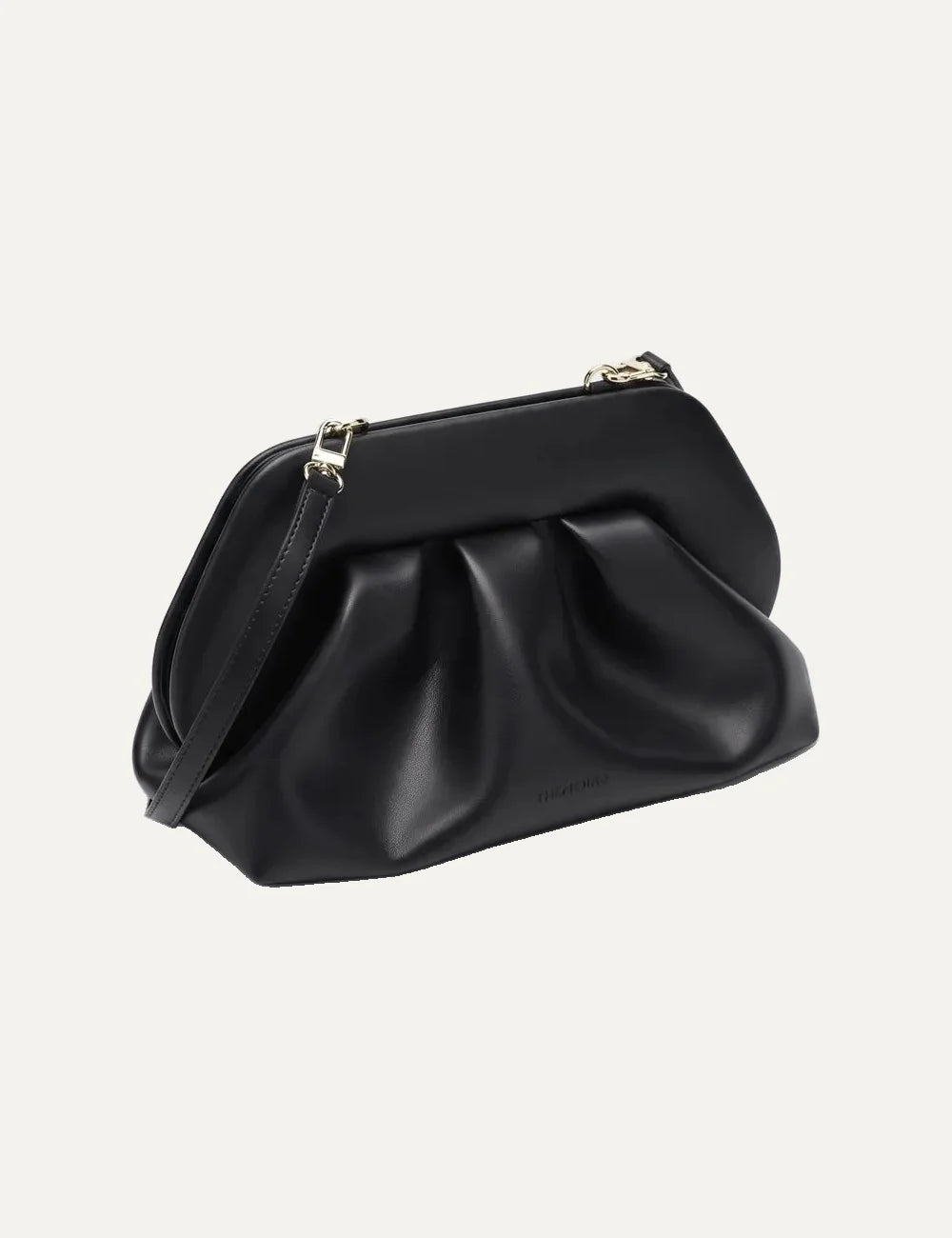 THEMOIRÈ women's black polyurethane shoulder bag with sculptural pleated front, structured silhouette, long shoulder strap and gold-tone hardware side