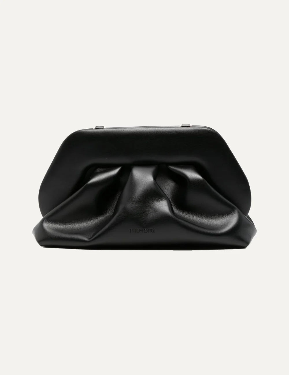 THEMOIRÈ women's black polyurethane clutch bag with smooth finish, sculptural frame, ruched detailing and magnetic closure.