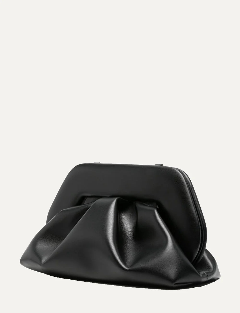 THEMOIRÈ women's black polyurethane clutch bag with smooth finish, sculptural frame, ruched detailing and magnetic closure side