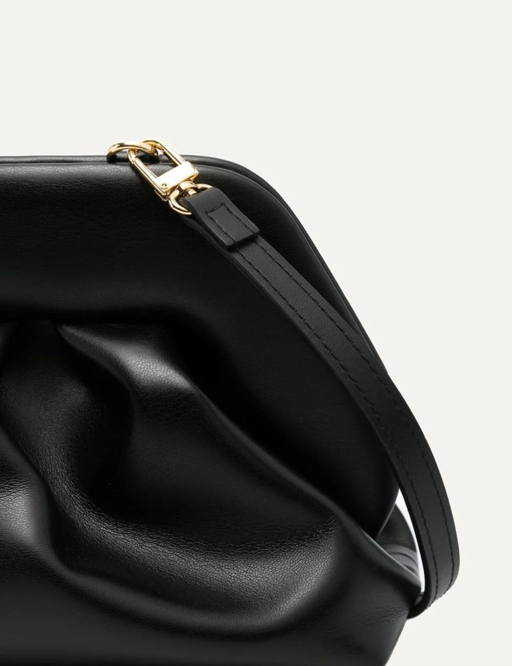 THEMOIRÈ women's black polyurethane clutch bag with smooth finish, sculptural frame, ruched detailing and magnetic closure detail