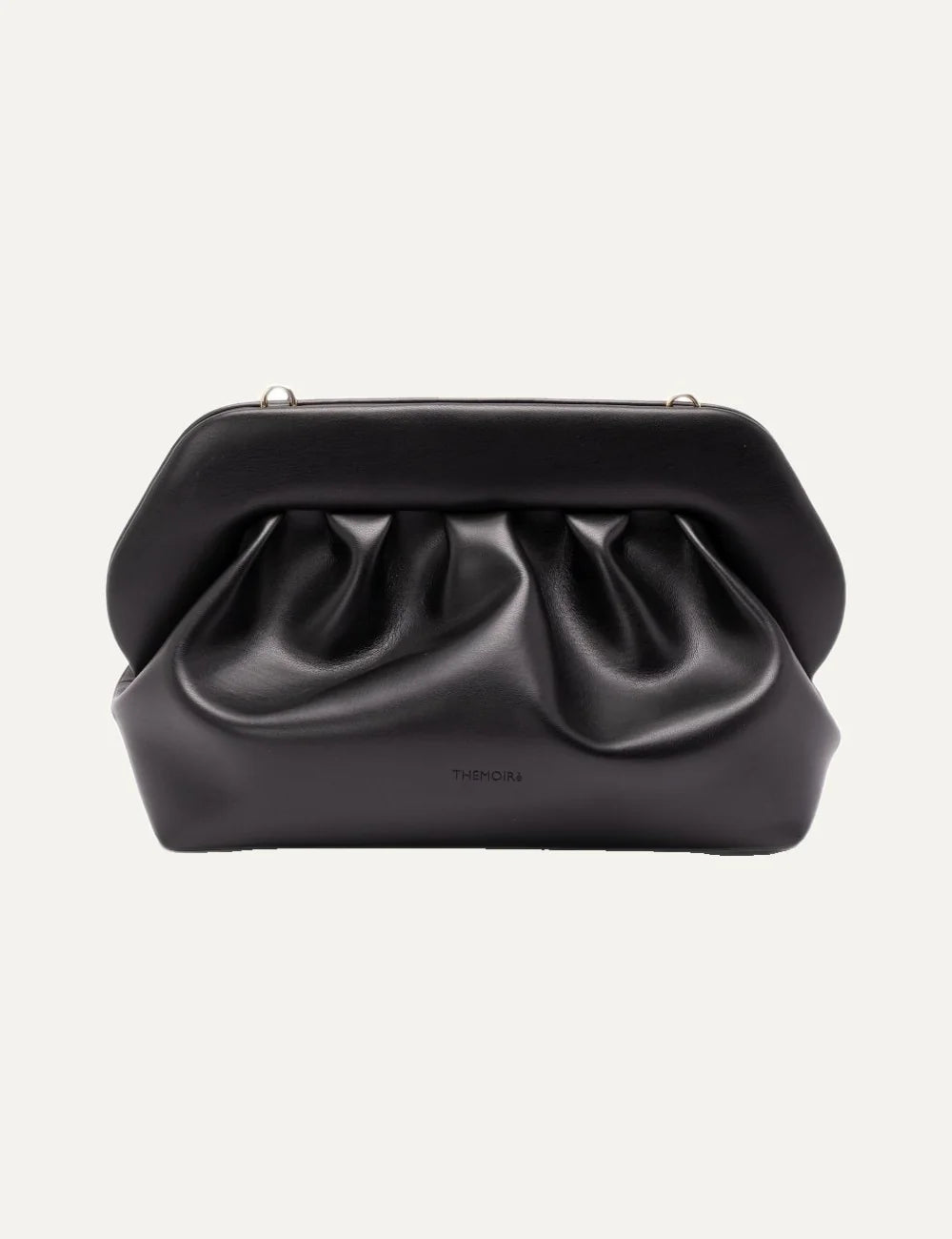 THEMOIRÈ women's black ruched clutch bag with smooth finish, magnetic closure, gold-tone hardware and detachable adjustable shoulder strap.