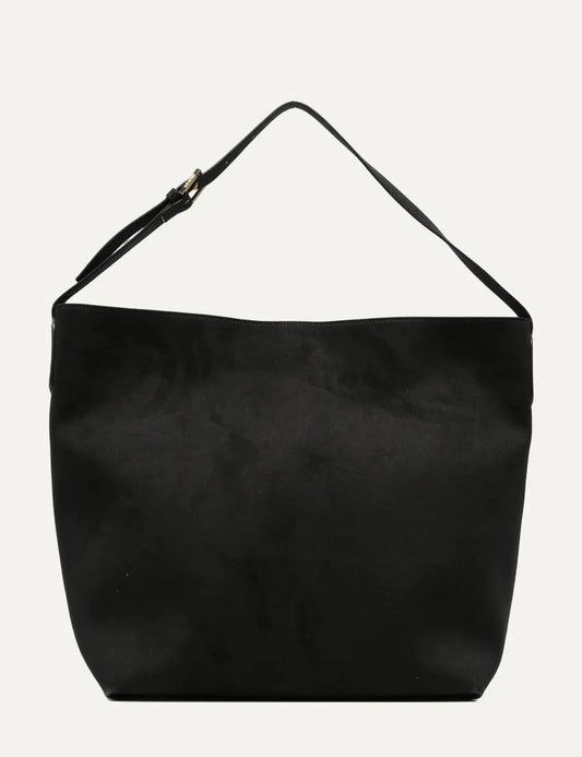 THEMOIRÈ women's black calf suede shoulder bag with slouchy silhouette, adjustable shoulder strap, gold-tone hardware and interior zip pocket