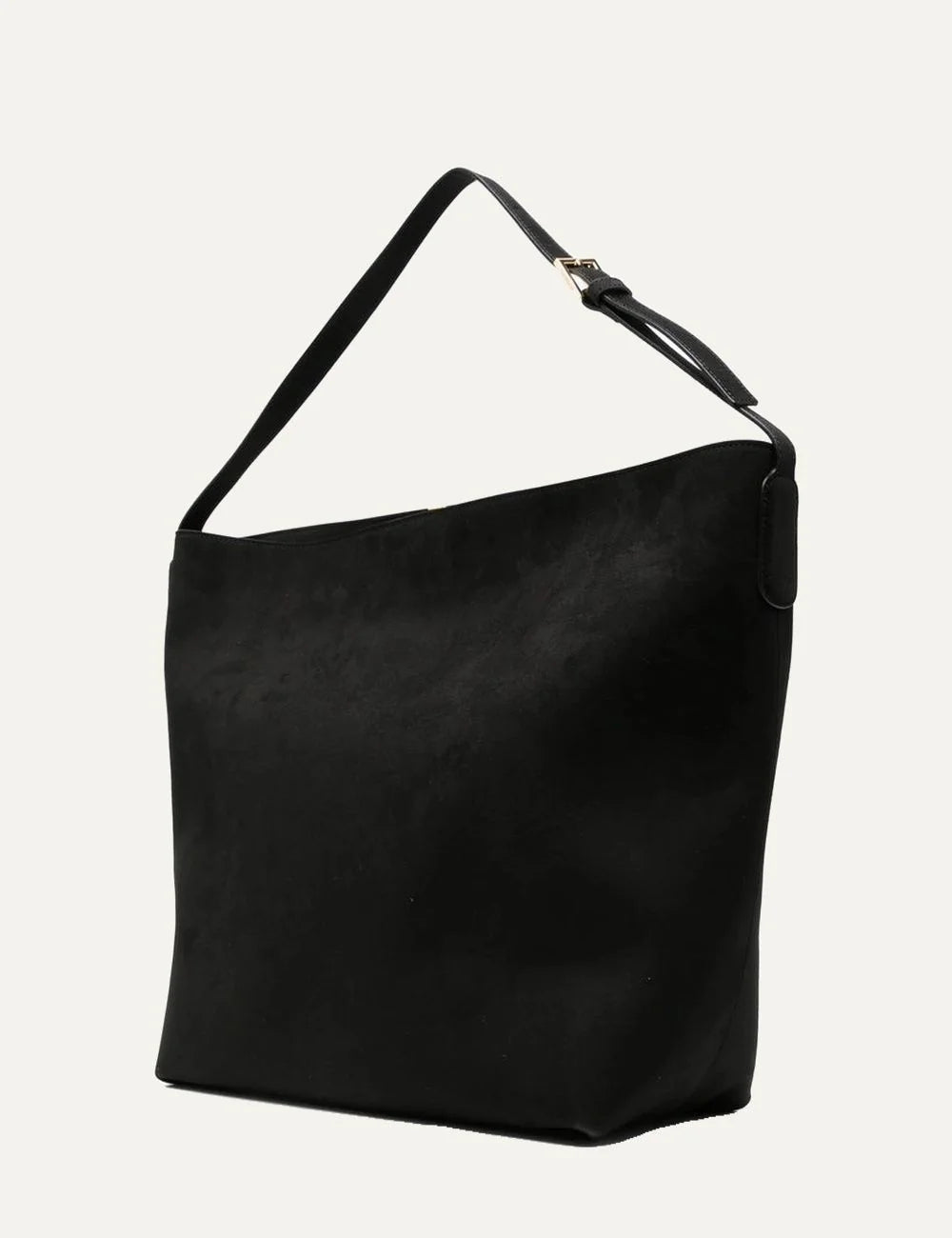 THEMOIRÈ women's black calf suede shoulder bag with slouchy silhouette, adjustable shoulder strap, gold-tone hardware and interior zip pocket side