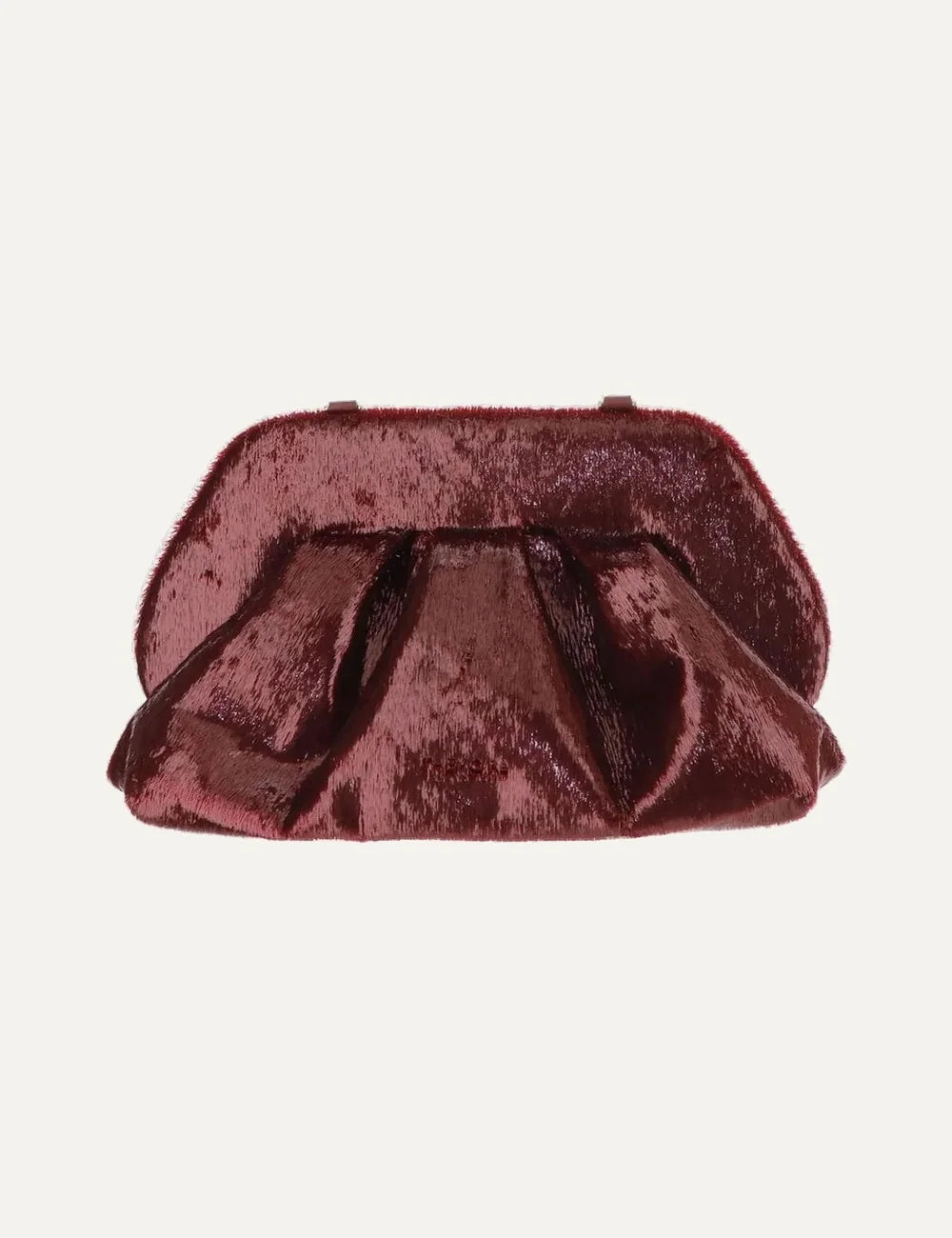 THEMOIRÈ women's burgundy Lurex clutch bag with shimmering finish, ruched silhouette and structured top.