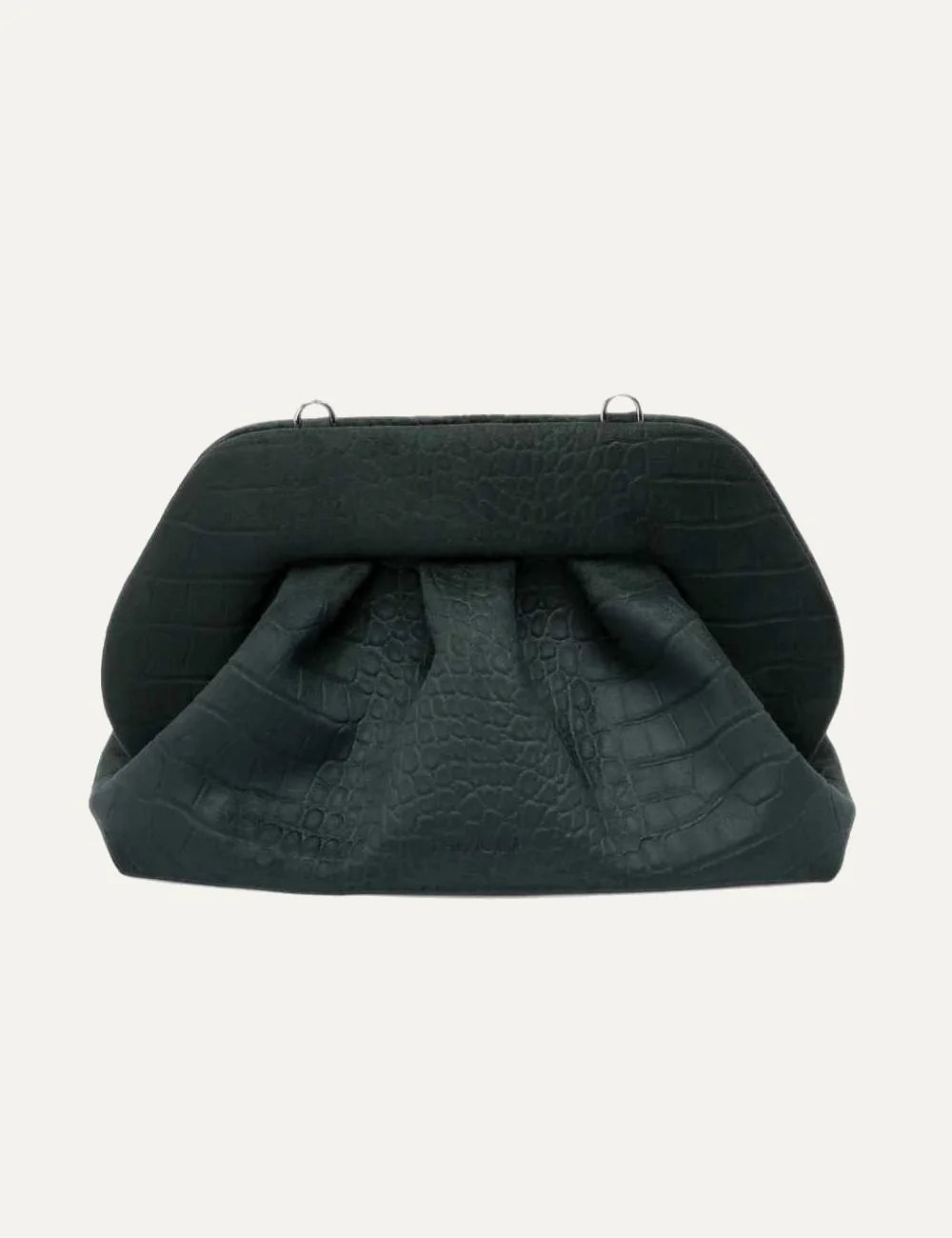 THEMOIRÈ women's dark green suede-effect croc embossed clutch bag with ruched silhouette and structured top.