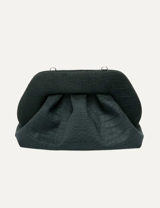 THEMOIRÈ women's dark green suede-effect croc embossed clutch bag with ruched silhouette and structured top.