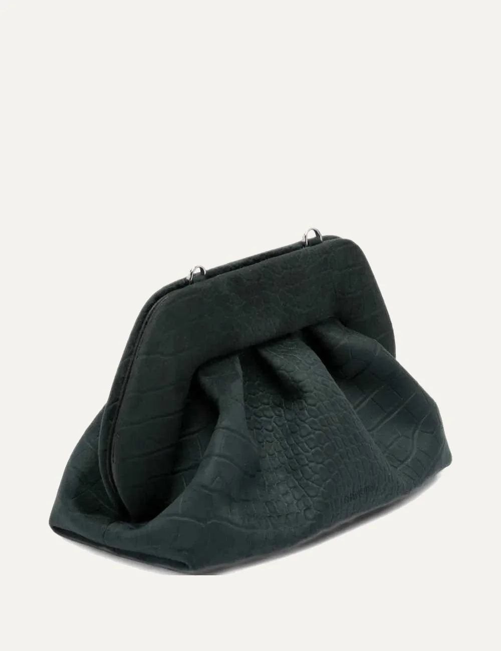 THEMOIRÈ women's dark green suede-effect croc embossed clutch bag with ruched silhouette and structured top side