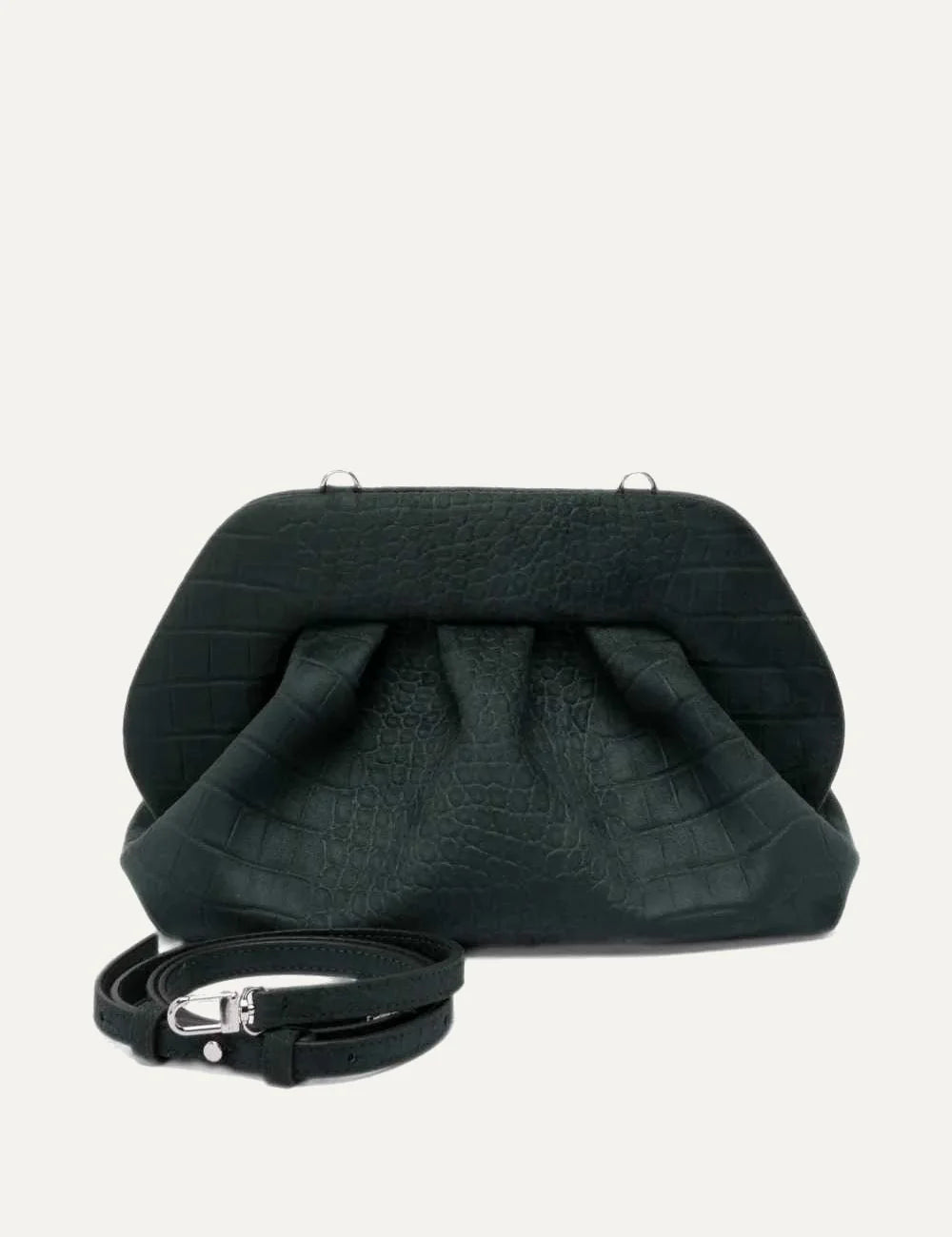 THEMOIRÈ women's dark green suede-effect croc embossed clutch bag with ruched silhouette and structured top detail