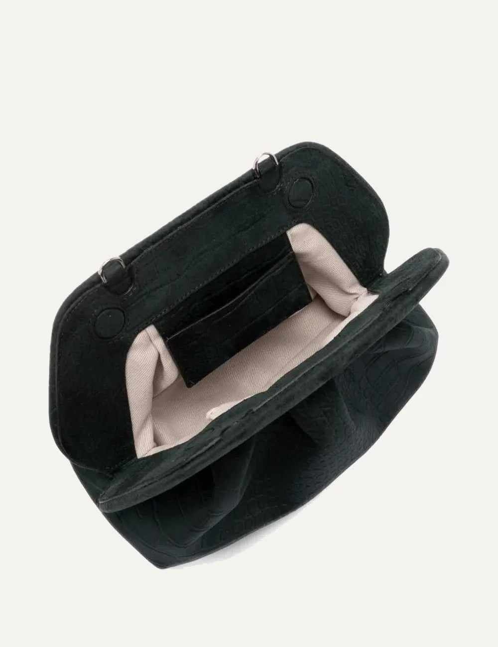 THEMOIRÈ women's dark green suede-effect croc embossed clutch bag with ruched silhouette and structured top top