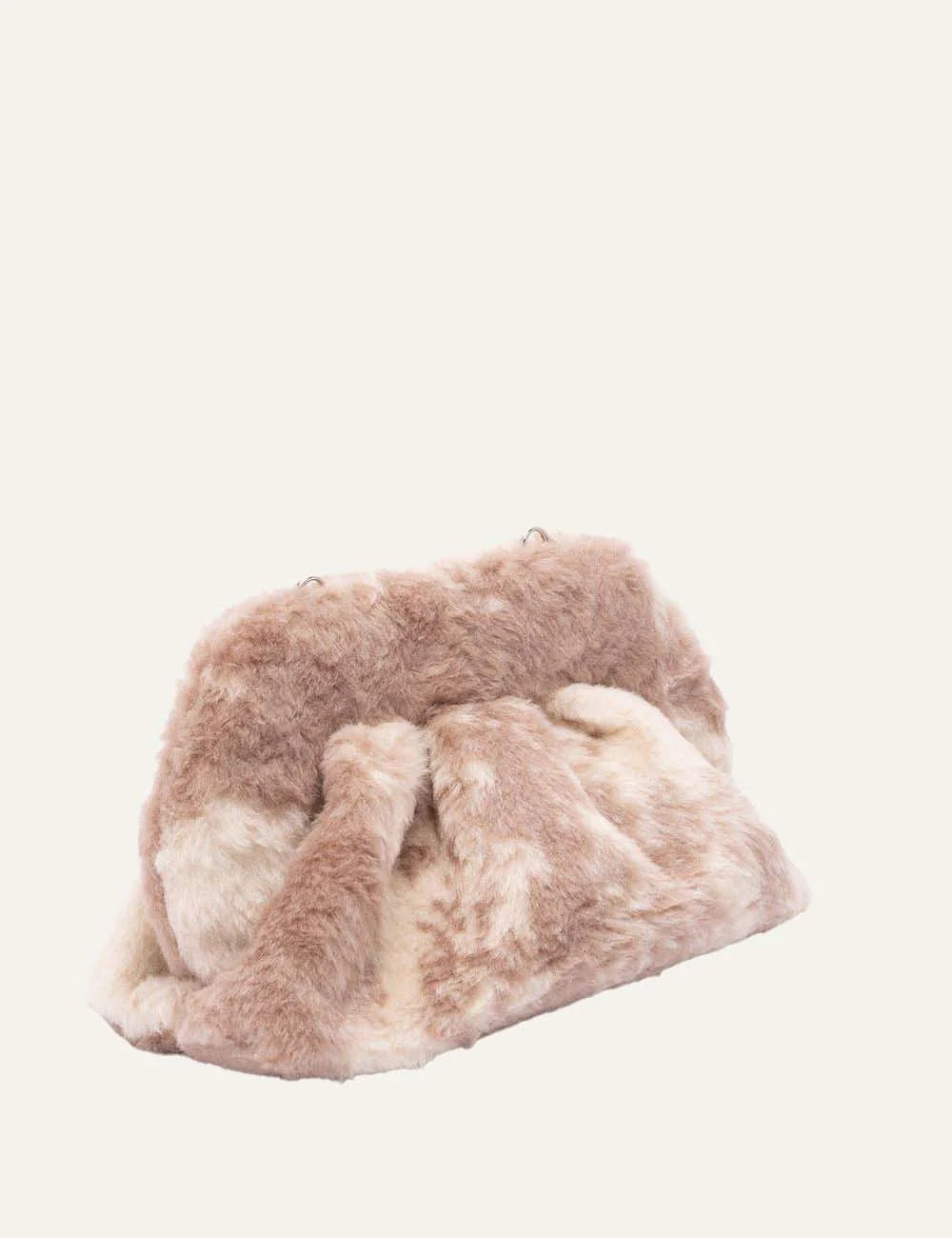 THEMOIRÈ women's fluffy handbag in beige and dusty pink tones, featuring a soft faux fur texture, gathered silhouette and metal hardware side