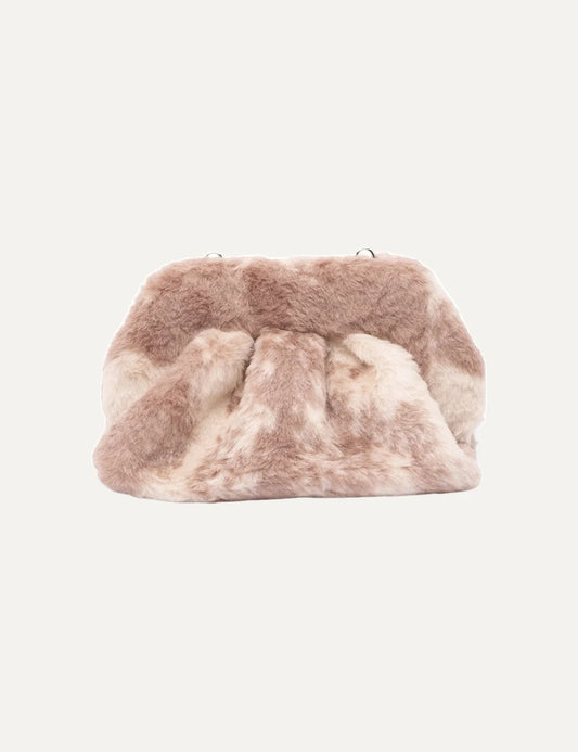 THEMOIRÈ women's fluffy handbag in beige and dusty pink tones, featuring a soft faux fur texture, gathered silhouette and metal hardware.