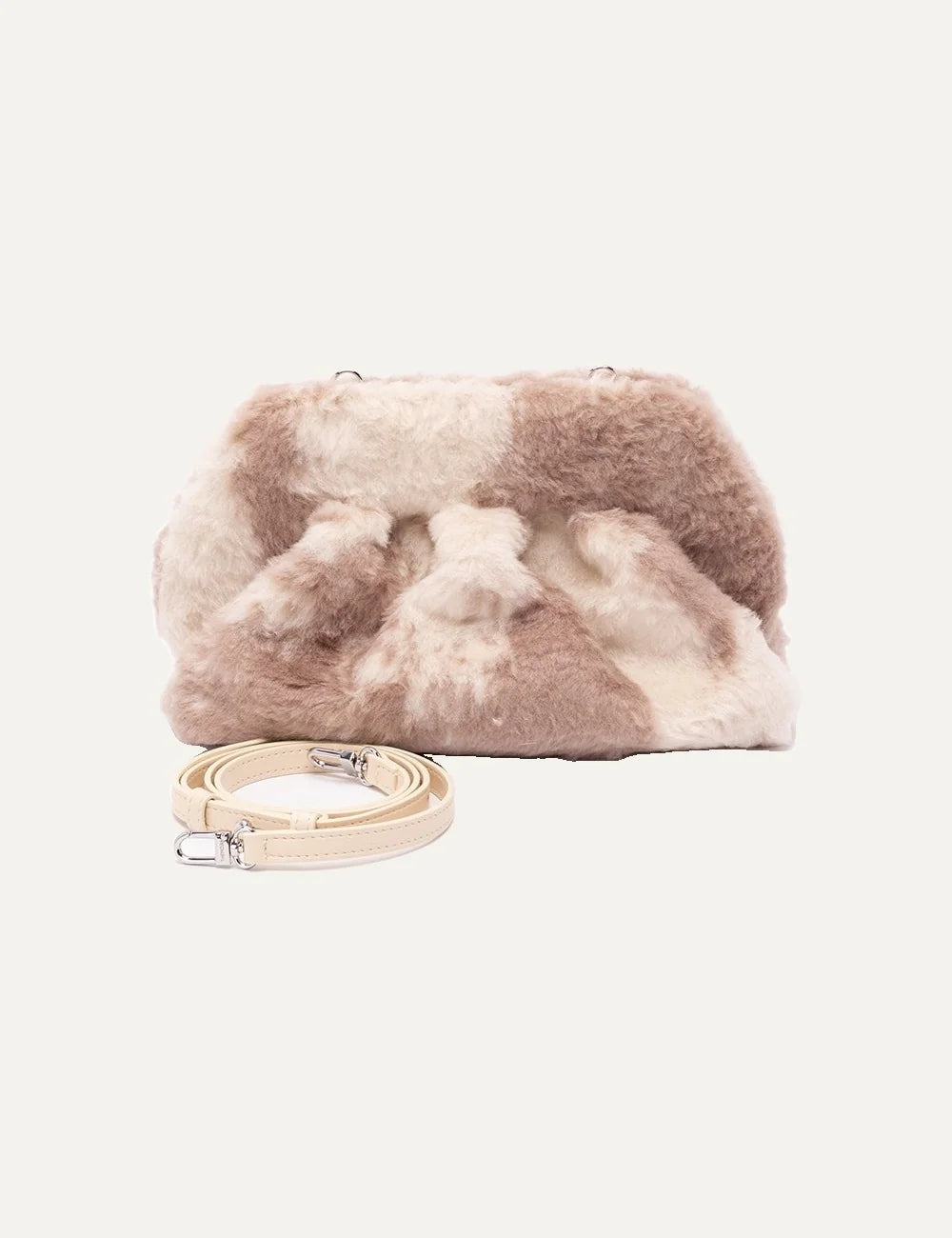 THEMOIRÈ women's fluffy handbag in beige and dusty pink tones, featuring a soft faux fur texture, gathered silhouette and metal hardware full